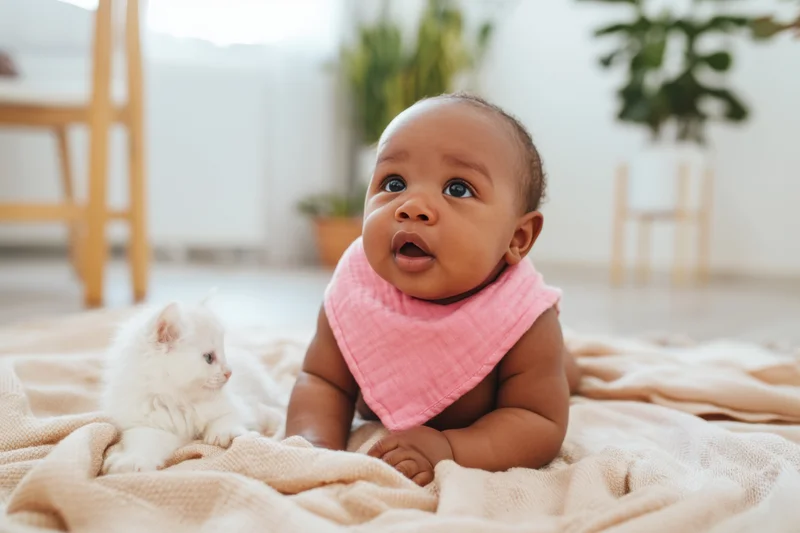 Baby lying on tummy on beige blanket with white kitten beside it indoors