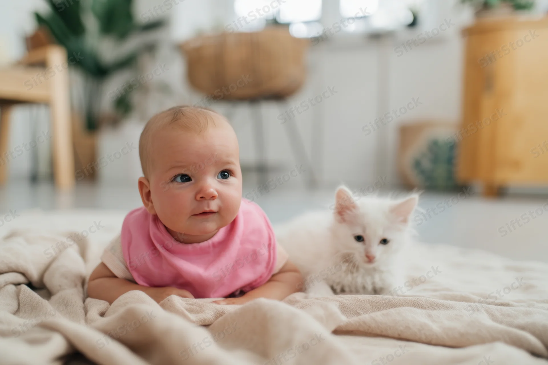 Baby lying on a beige blanket beside a white kitten in a bright living room