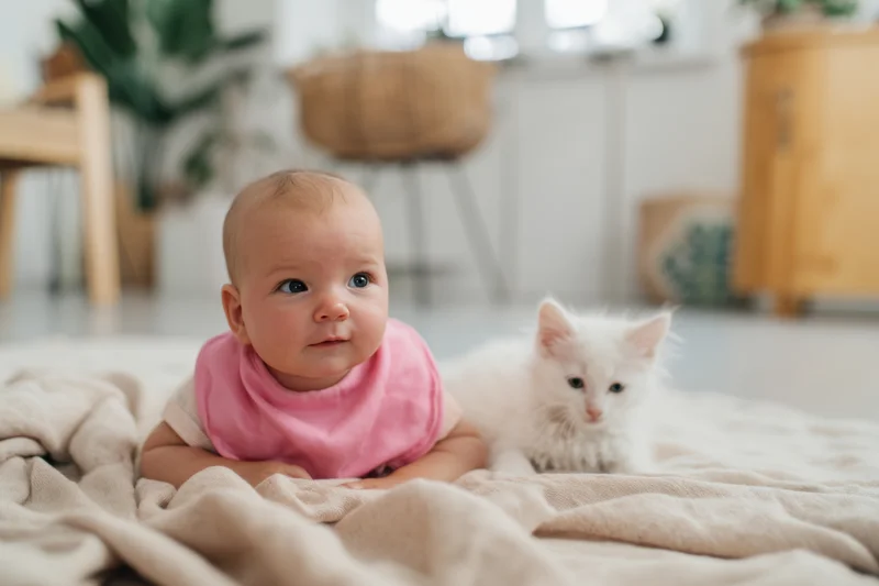 Baby lying on a beige blanket beside a white kitten in a bright living room