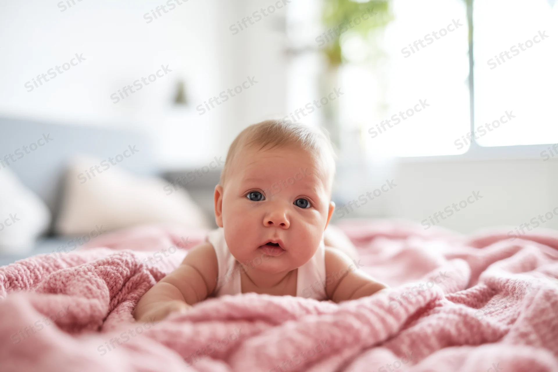 Baby lying on tummy on soft pink blanket in bright cozy bedroom