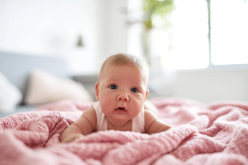 Baby lying on tummy on soft pink blanket in bright cozy bedroom