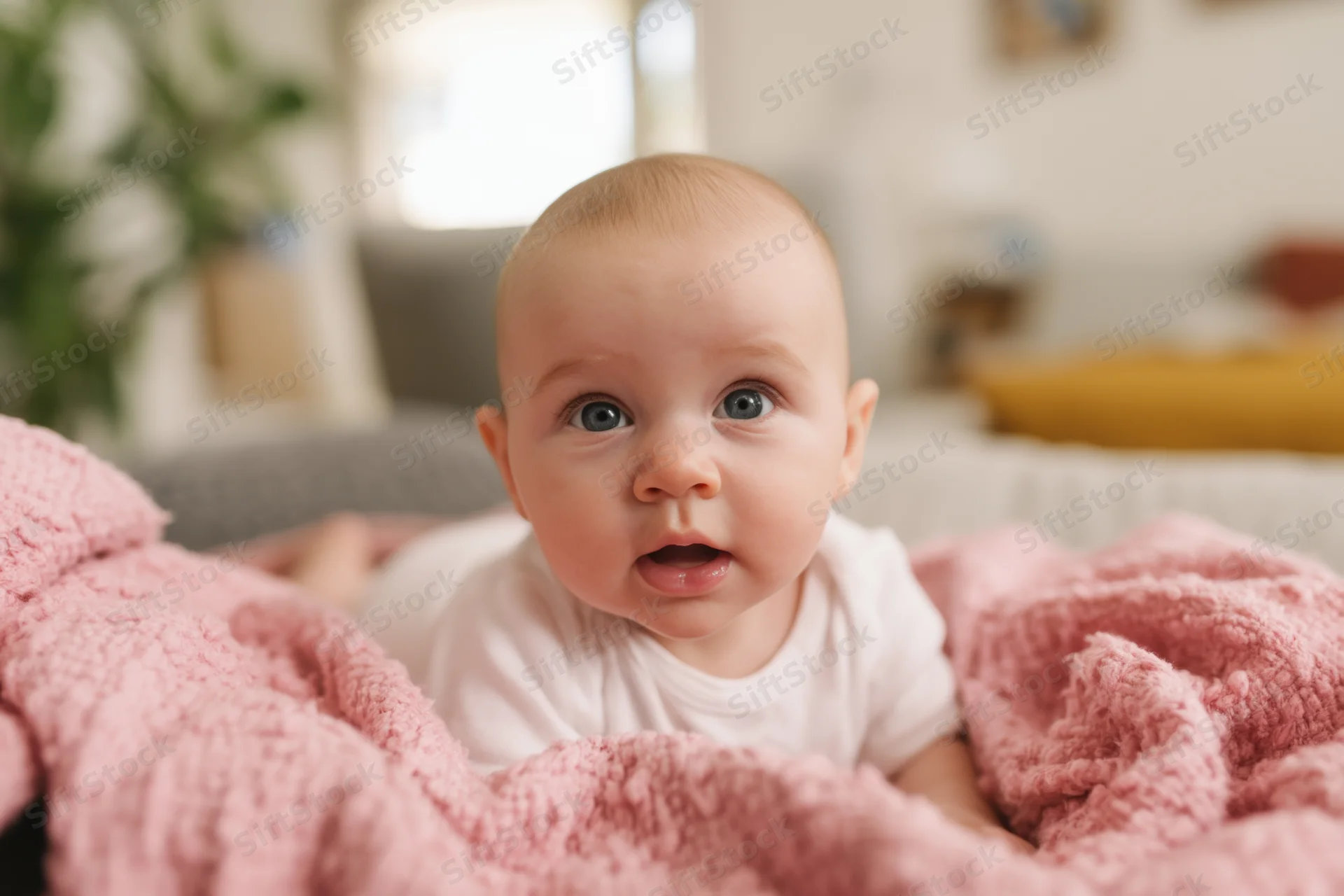 Baby lying on tummy on soft pink blanket in bright cozy living room