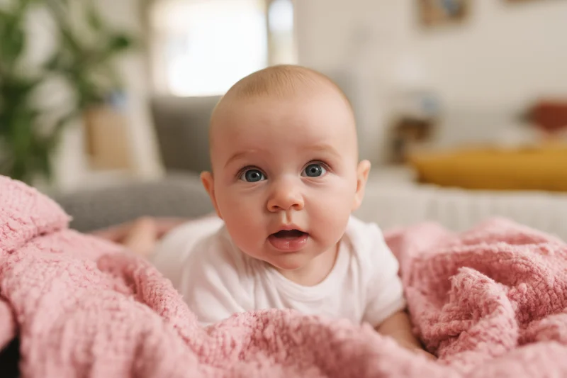 Baby lying on tummy on soft pink blanket in bright cozy living room