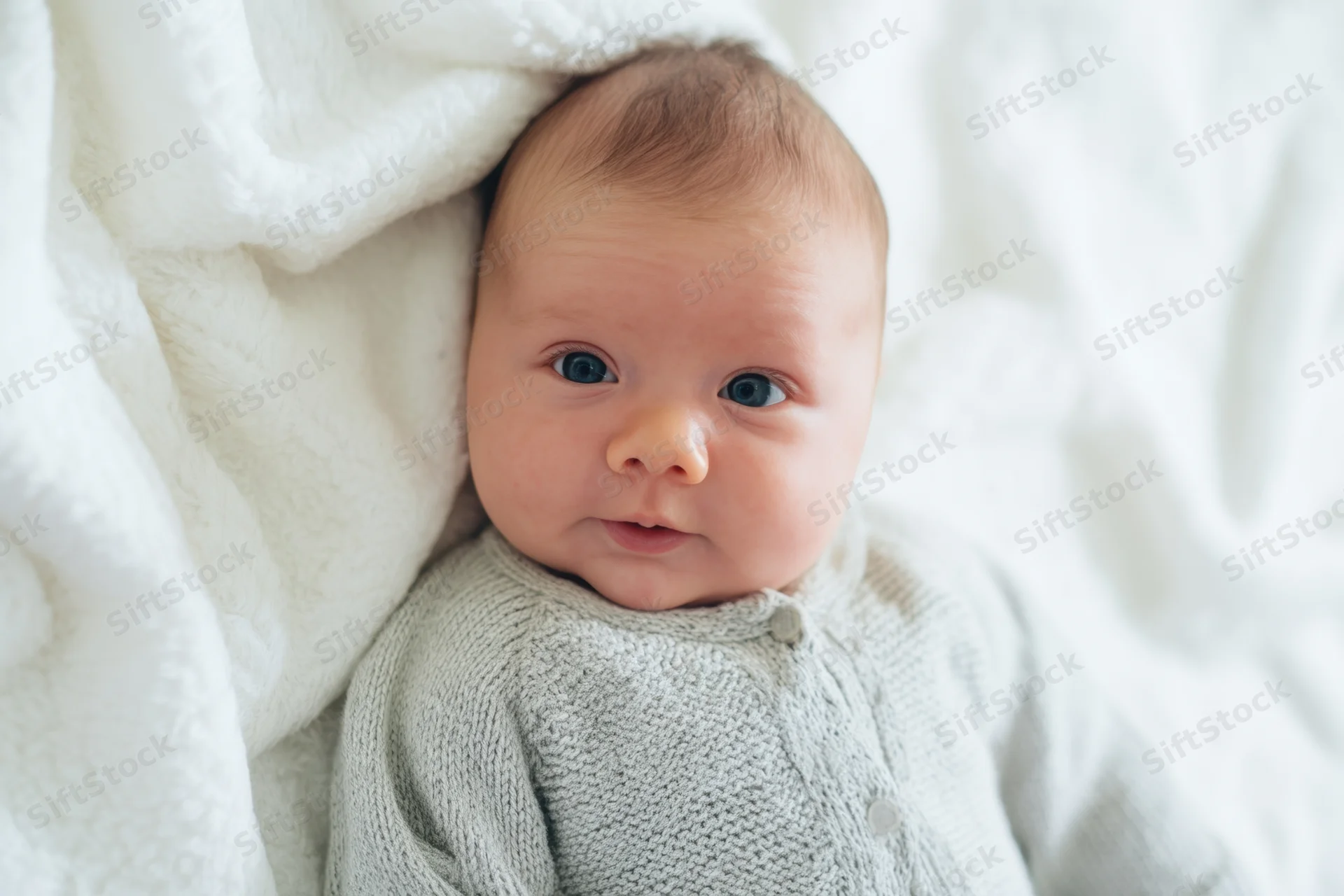 Baby lying on white blanket wearing gray knit sweater