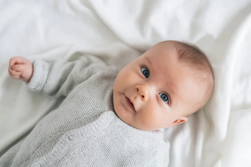 Baby lying on white blanket wearing gray knitted onesie