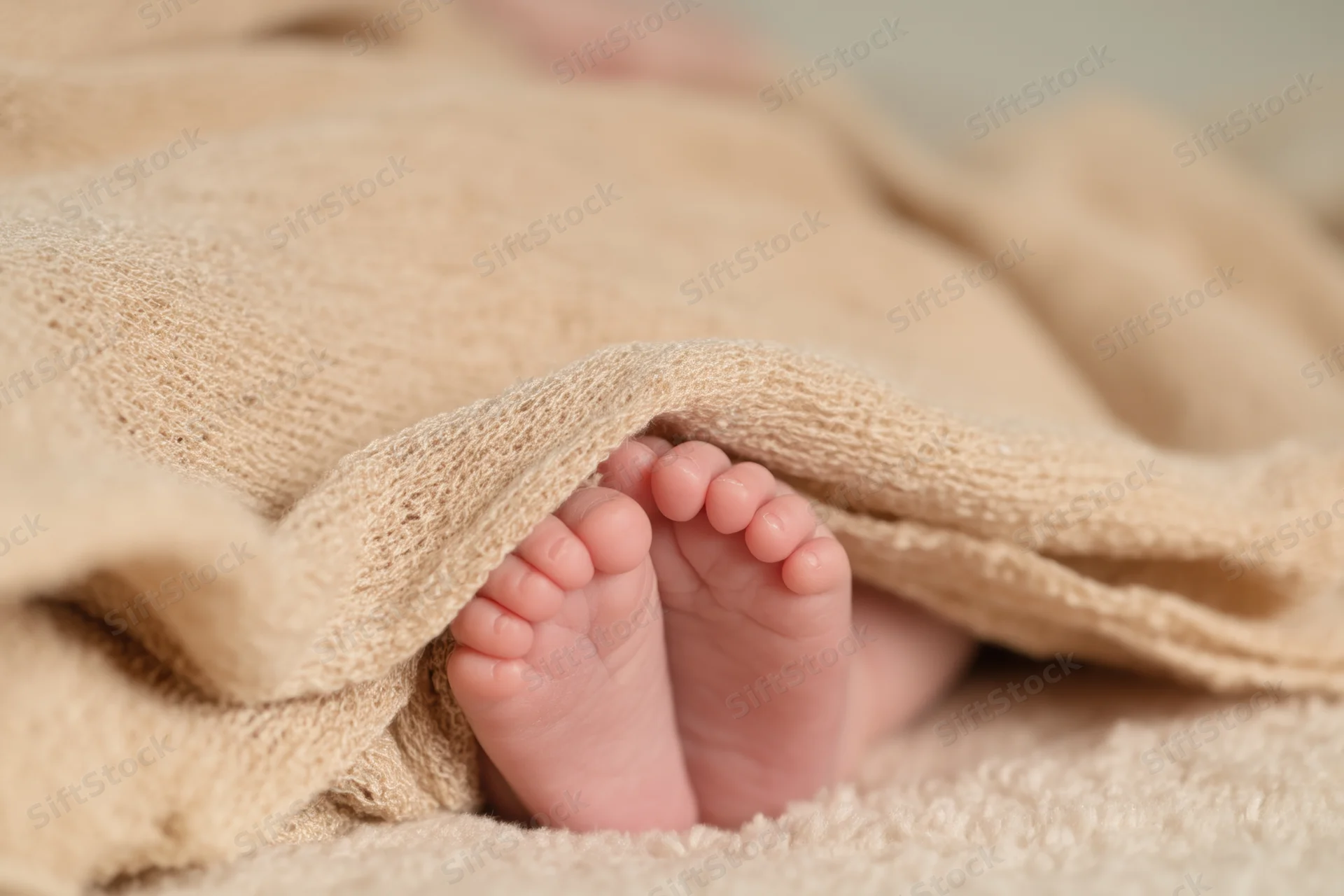 Baby's tiny feet peeking from beneath a soft textured beige blanket