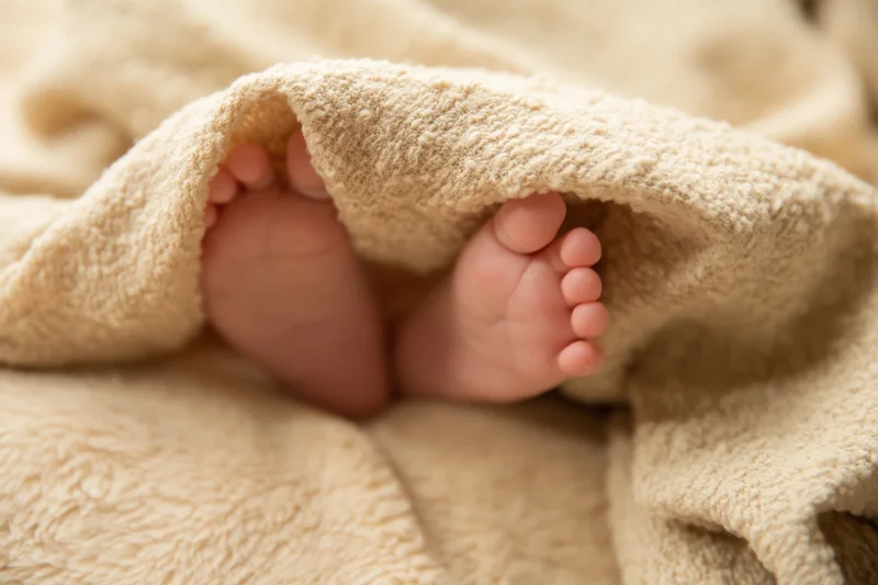 Baby's tiny feet peeking from beneath a soft textured blanket