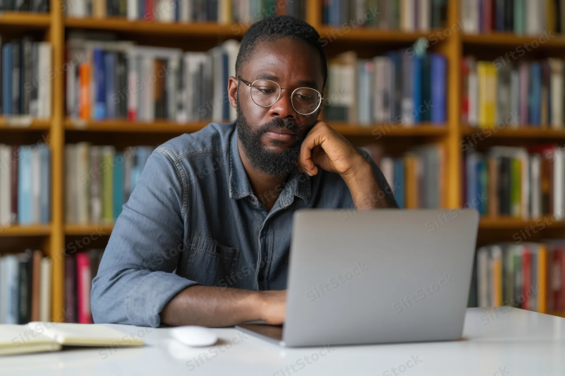 Bearded man in glasses focused on laptop at white desk in library with bookshelves behind him