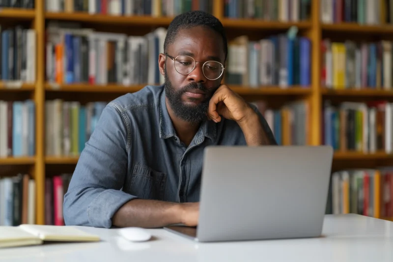 Bearded man in glasses focused on laptop at white desk in library with bookshelves behind him