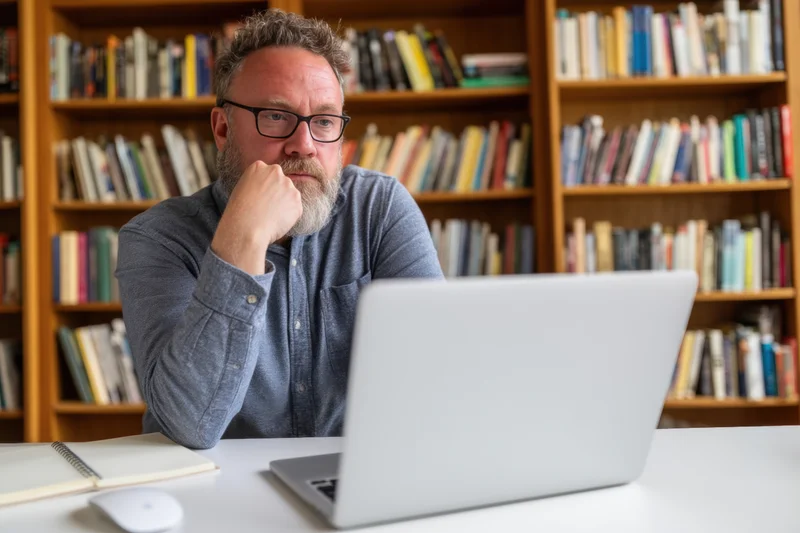 Man concentrating at laptop in front of bookshelf in home office