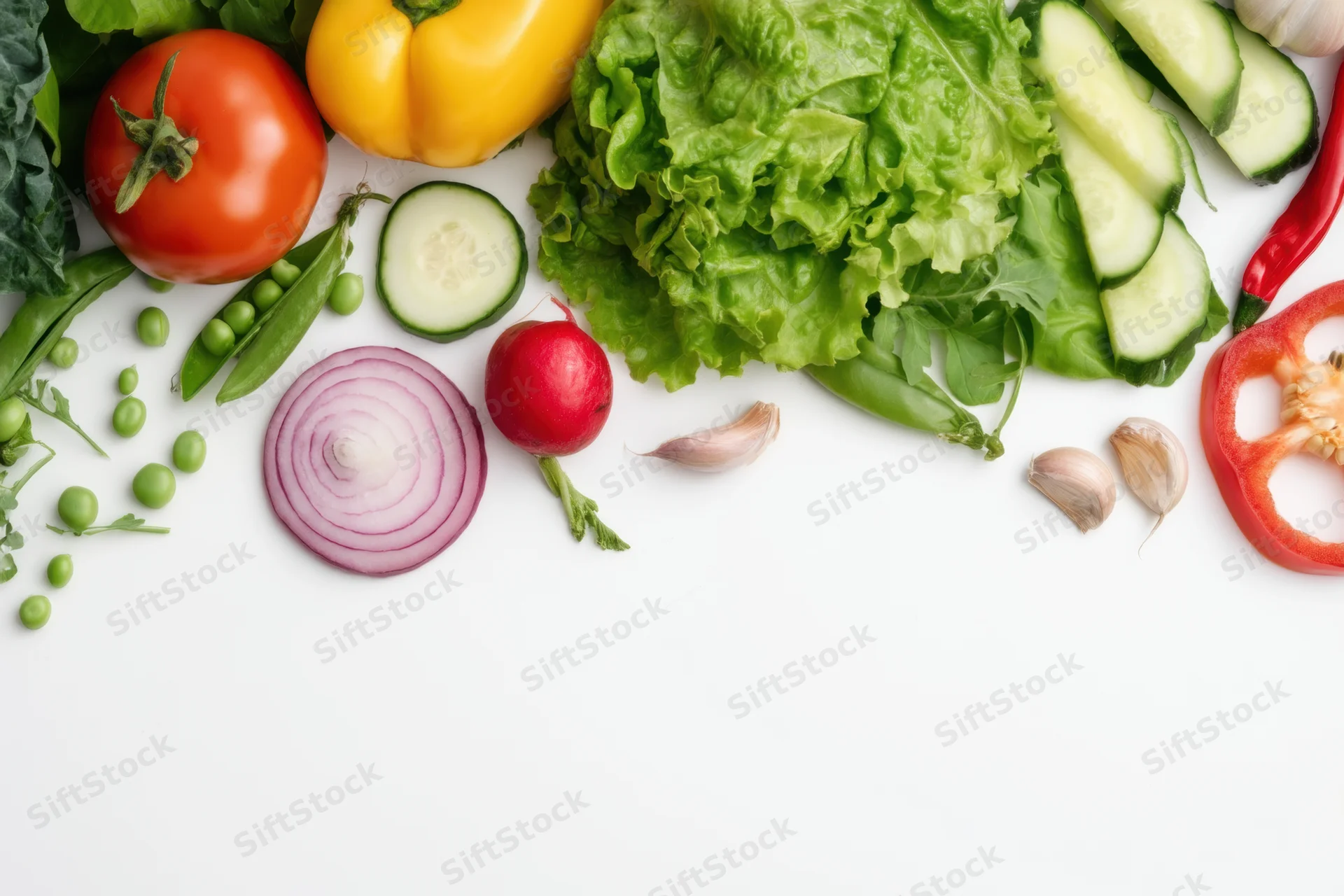Fresh vegetables arranged in a flat lay on white surface with copyspace below