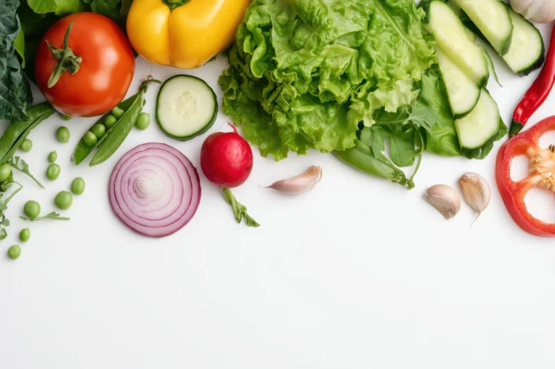 Fresh vegetables arranged in a flat lay on white surface with copyspace below