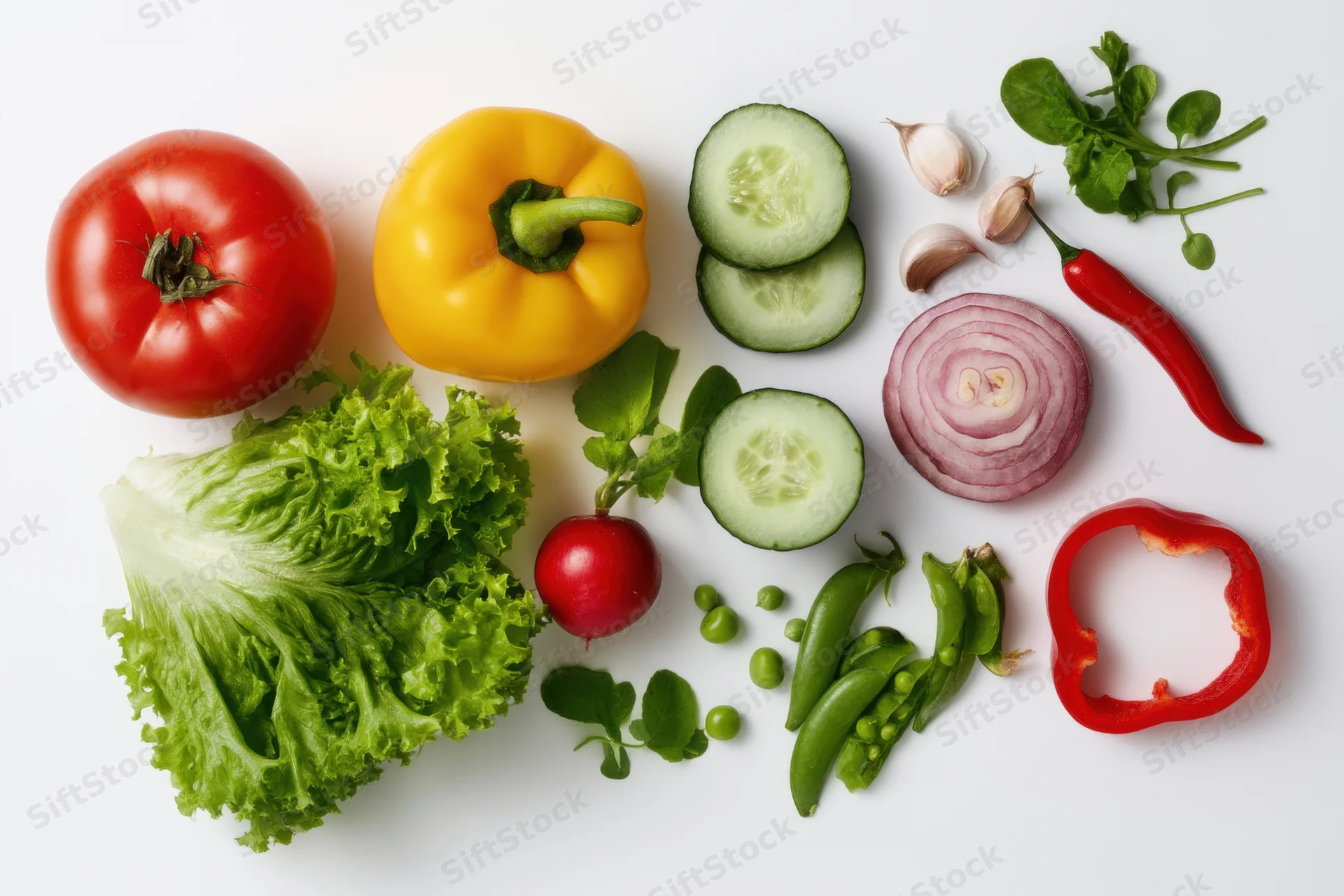 Fresh vegetables arranged in a flat lay on white background