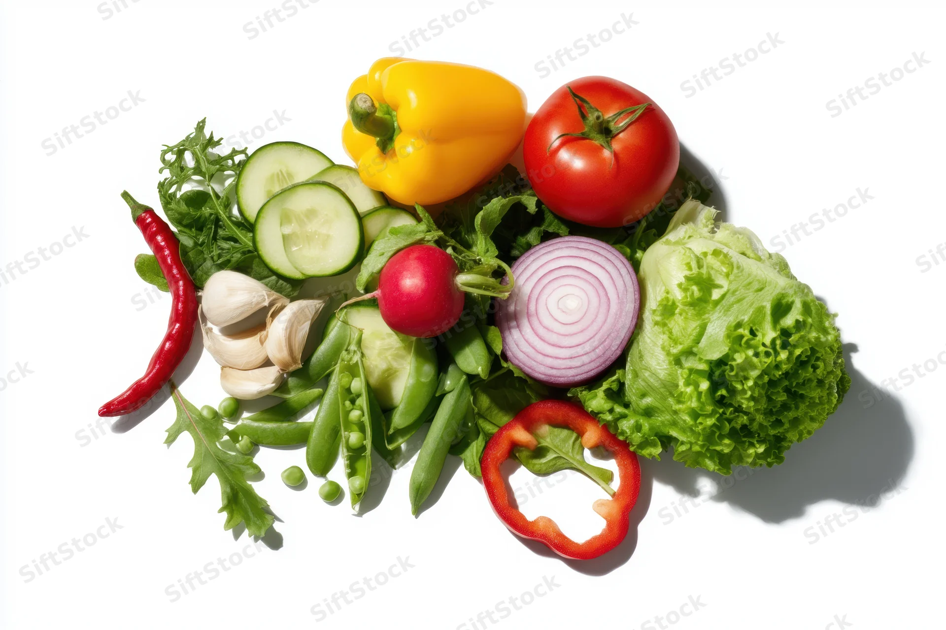 Fresh vegetables arranged in a flat lay on white background