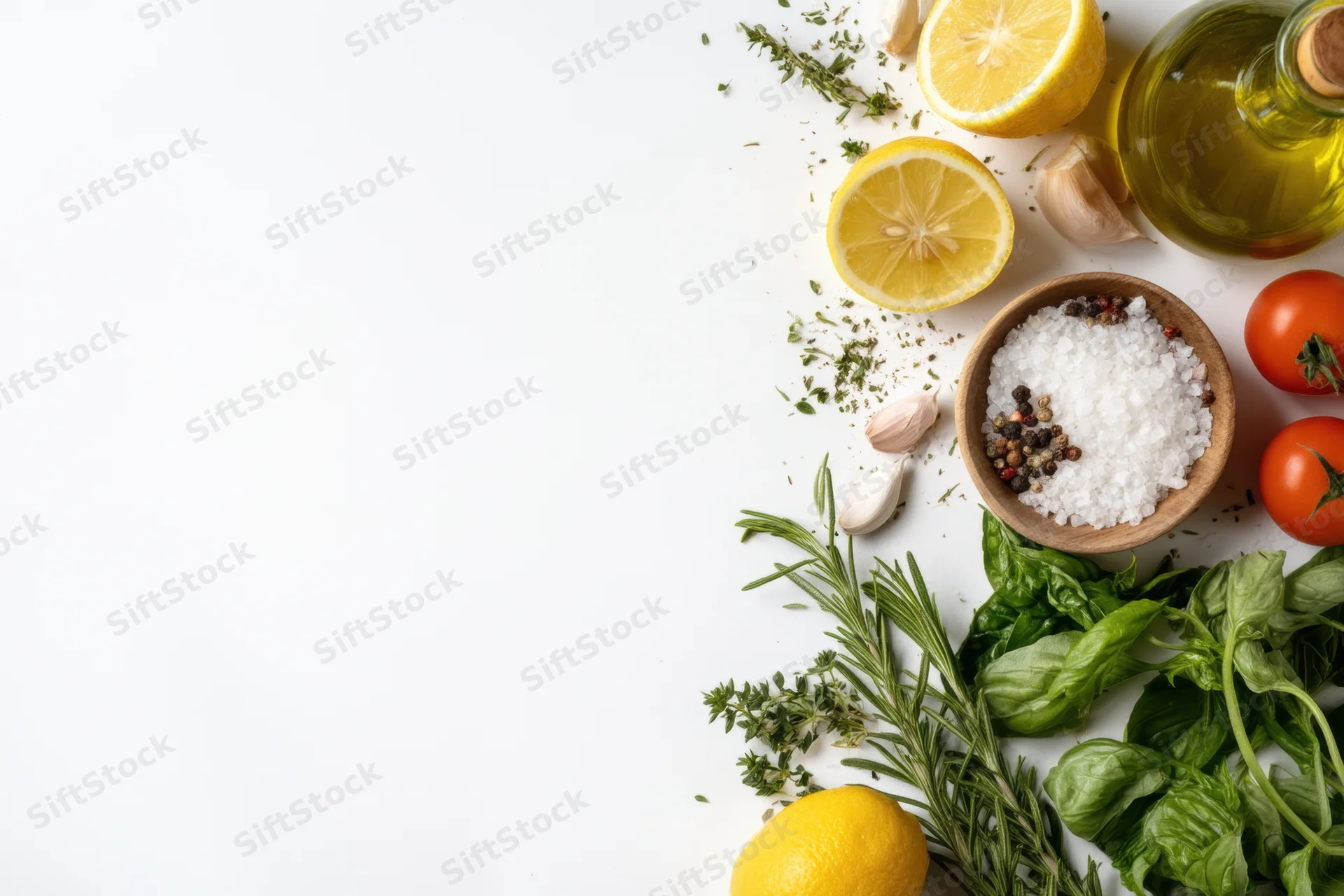 Fresh ingredients including lemon, garlic, tomatoes, herbs and olive oil arranged on white surface with copyspace