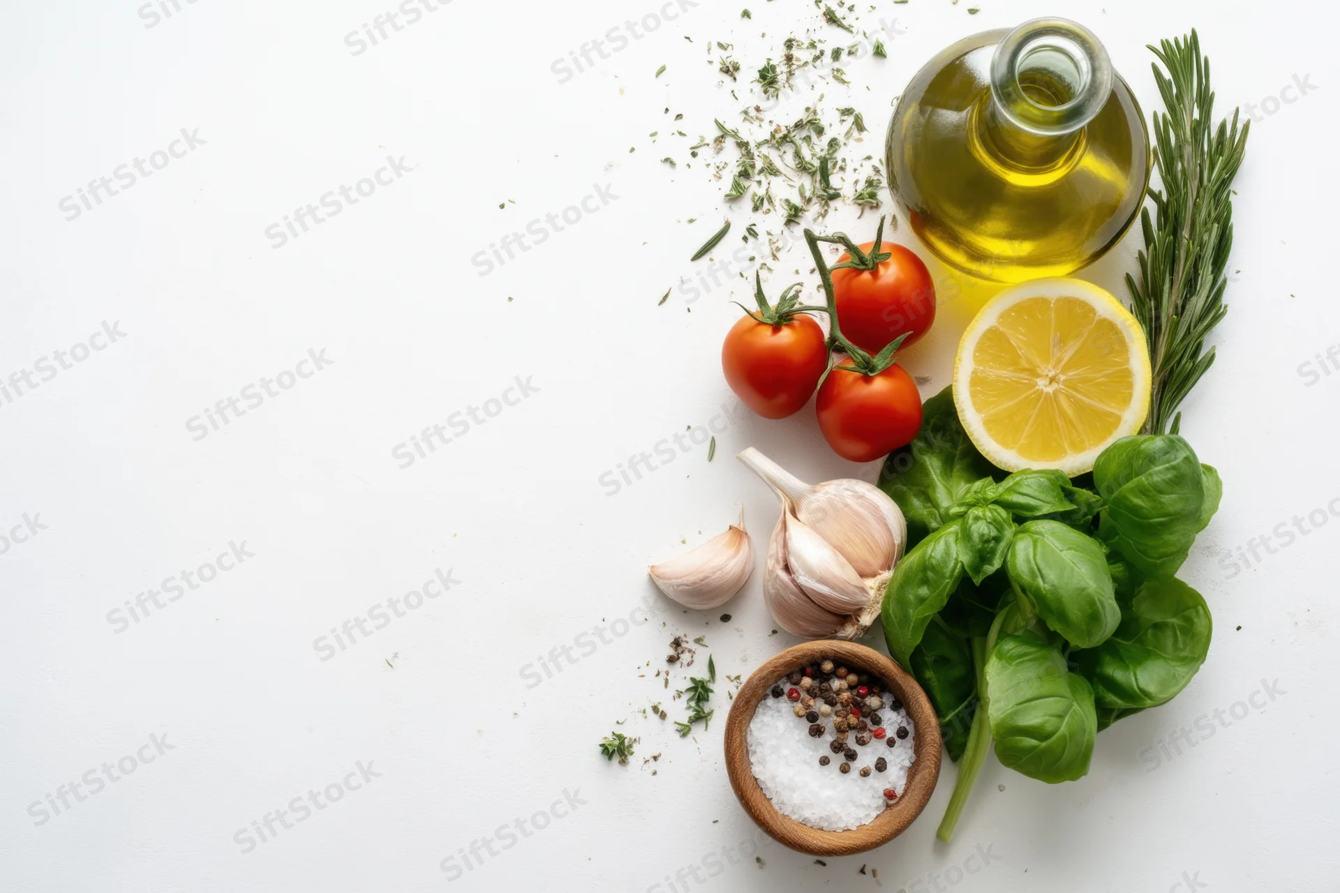 Fresh ingredients including tomatoes, basil, garlic, lemon, rosemary, olive oil and spices arranged on white surface in flat lay style