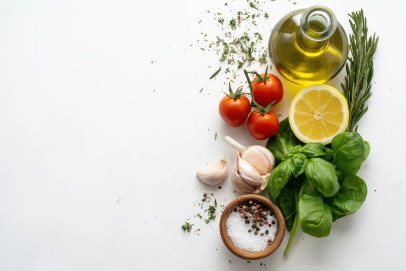 Fresh ingredients including tomatoes, basil, garlic, lemon, rosemary, olive oil and spices arranged on white surface in flat lay style