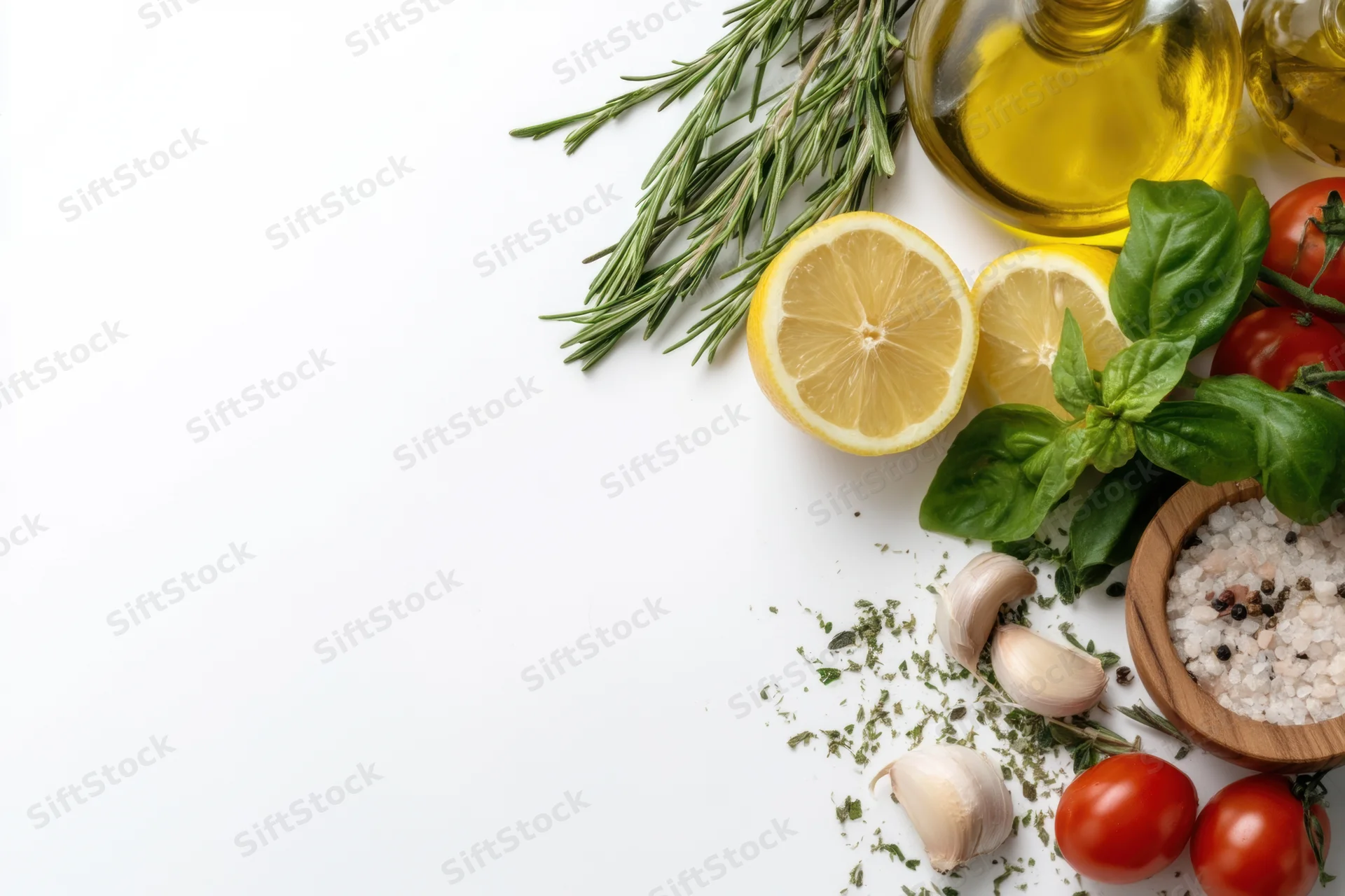 Fresh herbs and vegetables arranged with olive oil on white surface