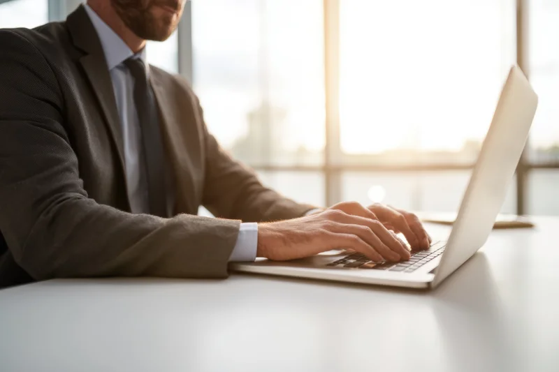 Businessman in suit typing on laptop at white desk by window