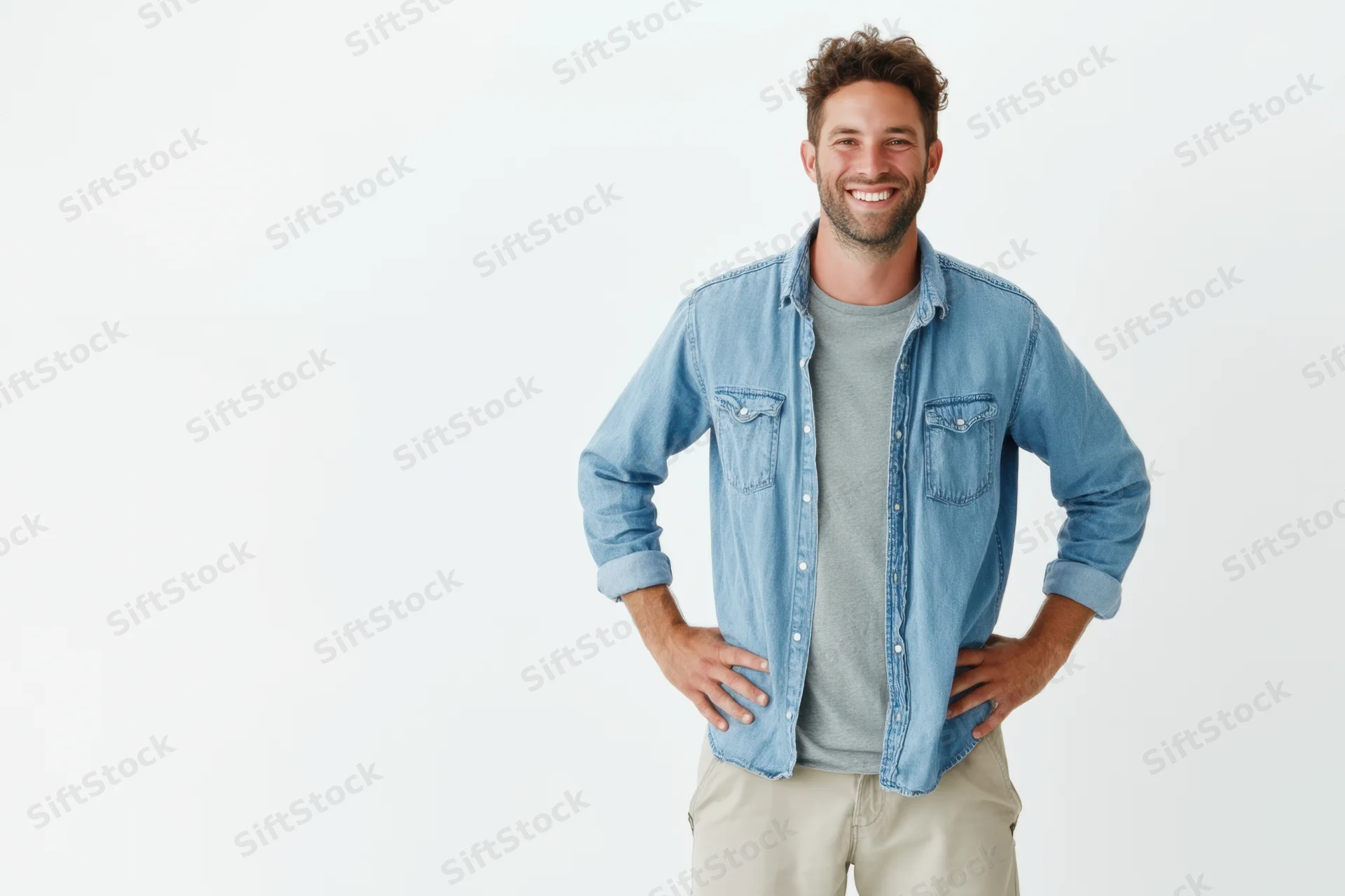 Smiling man in denim shirt with hands on hips against white background