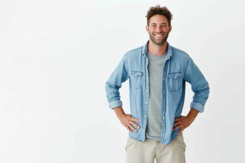 Smiling man in denim shirt with hands on hips against white background