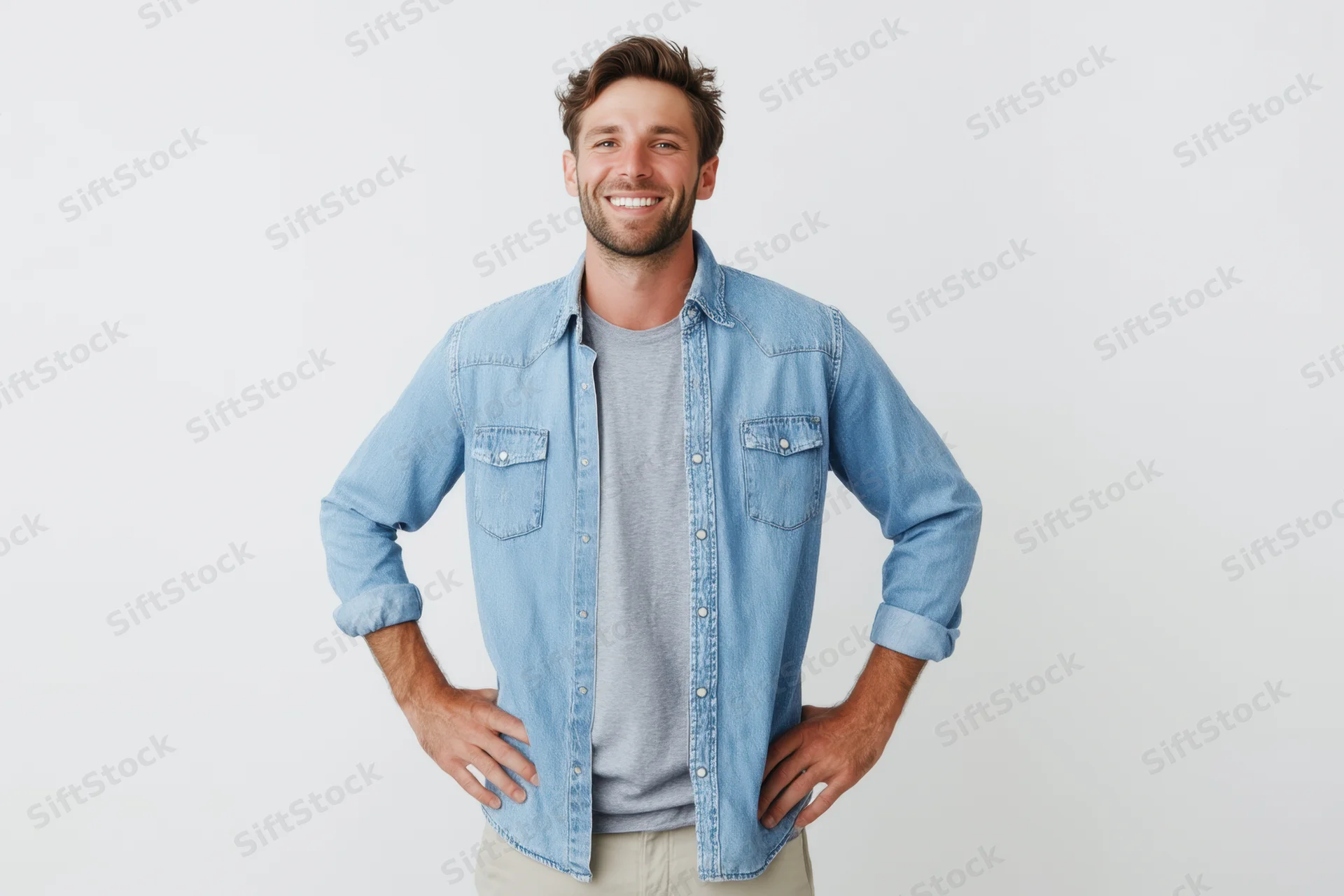 Cheerful man in denim shirt with hands on hips standing in studio