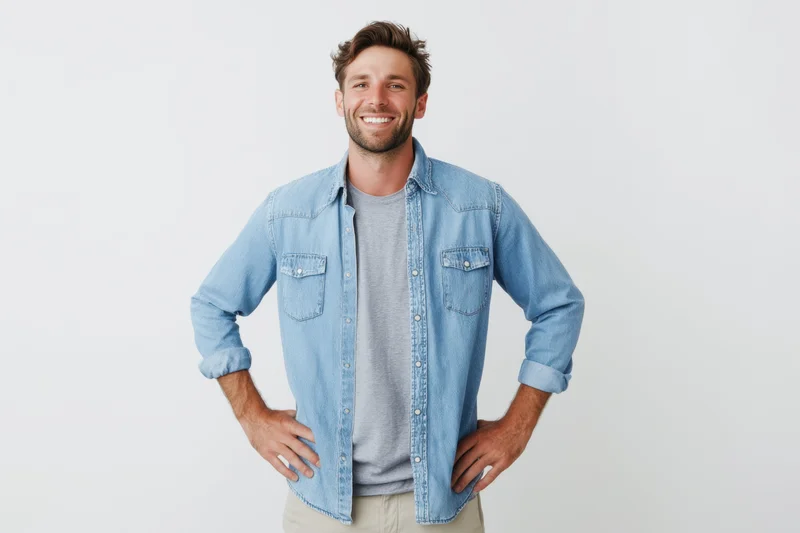 Cheerful man in denim shirt with hands on hips standing in studio