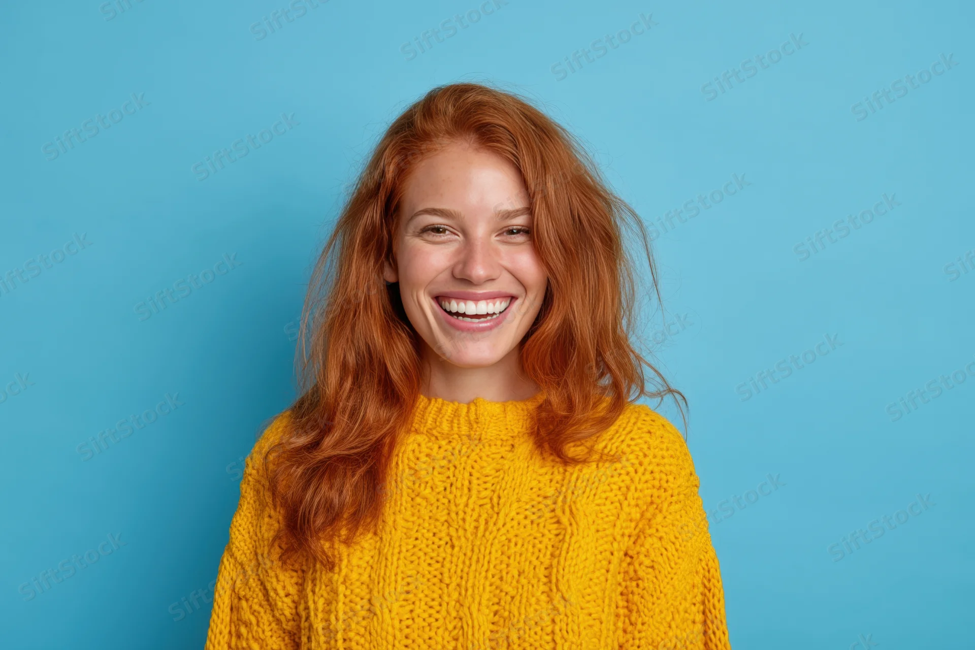 Smiling woman with long red hair wearing a yellow knit sweater against a blue background