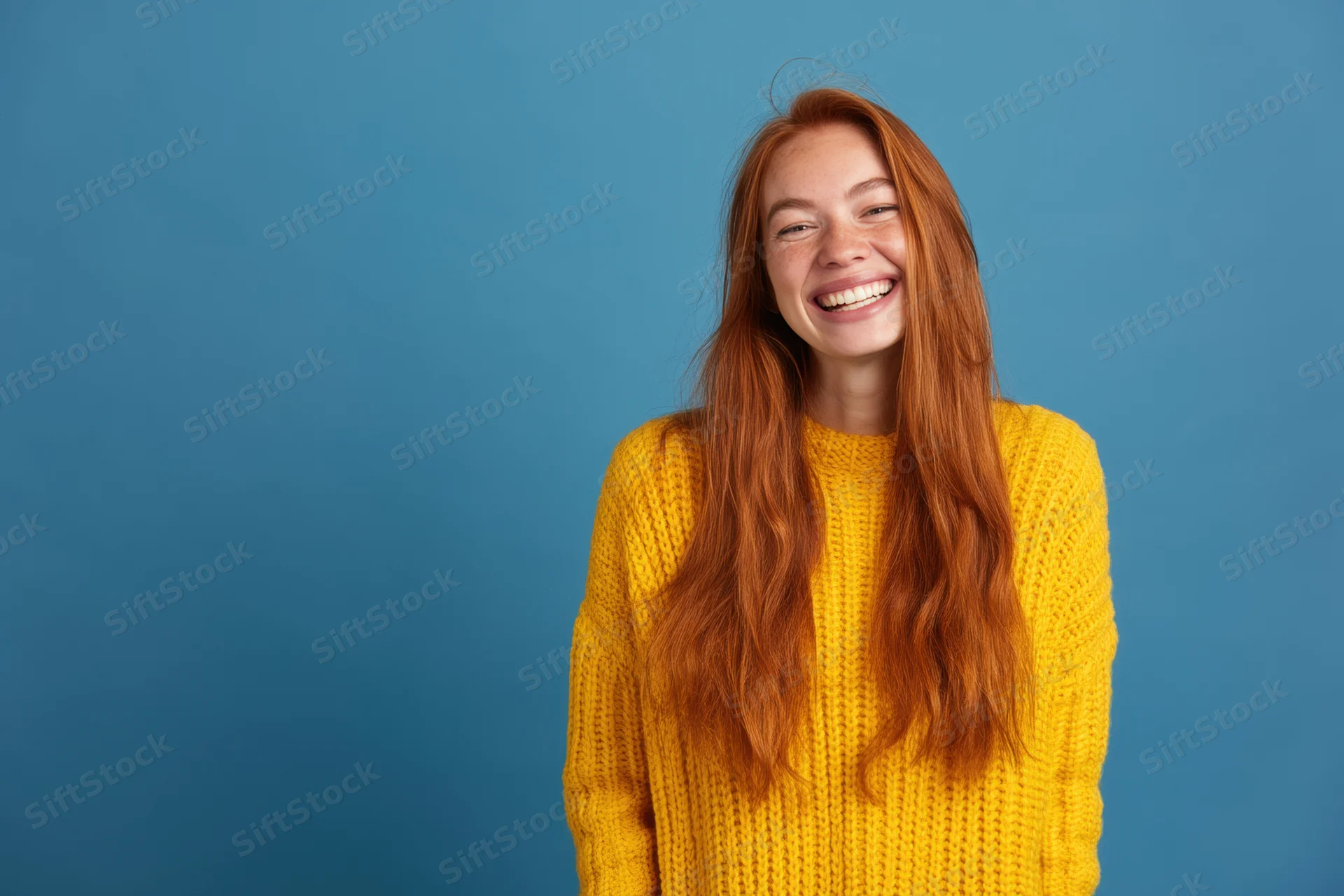 Cheerful woman with long red hair smiling in a yellow knit sweater against a blue background