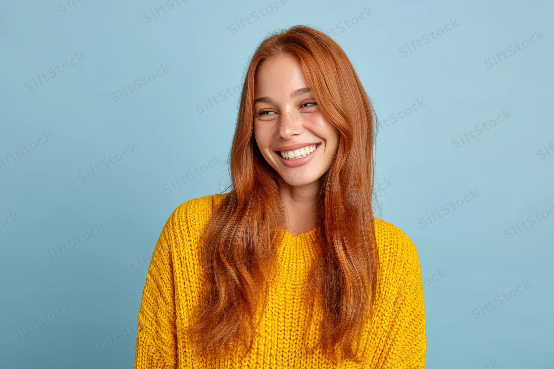 Smiling woman with long red hair wearing a yellow knit sweater against a blue background