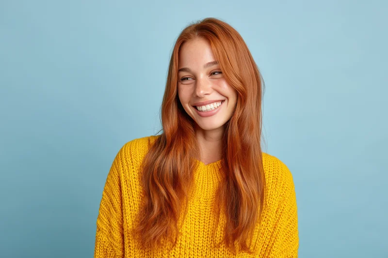 Smiling woman with long red hair wearing a yellow knit sweater against a blue background