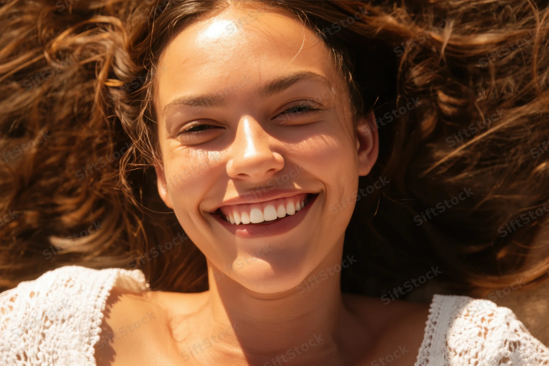 Young woman smiling with curly hair spread out on sunlit surface