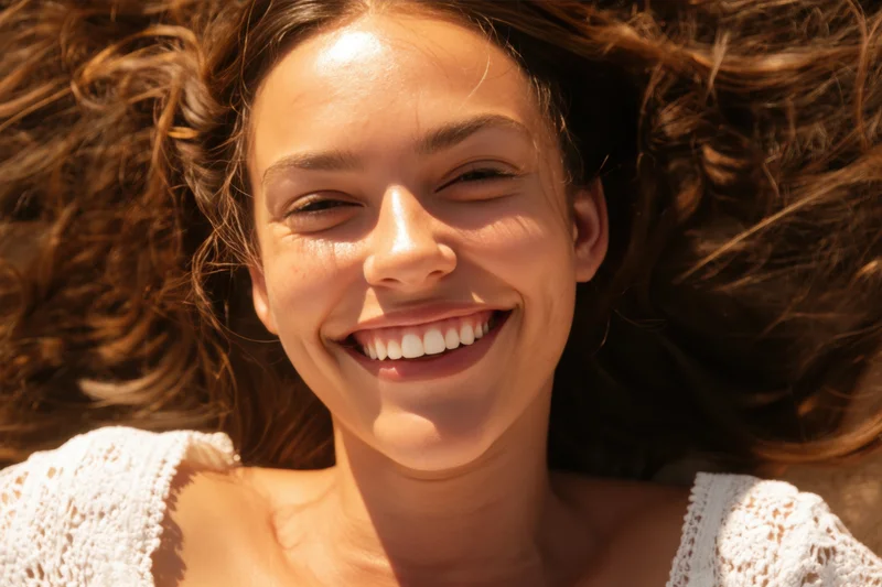 Young woman smiling with curly hair spread out on sunlit surface