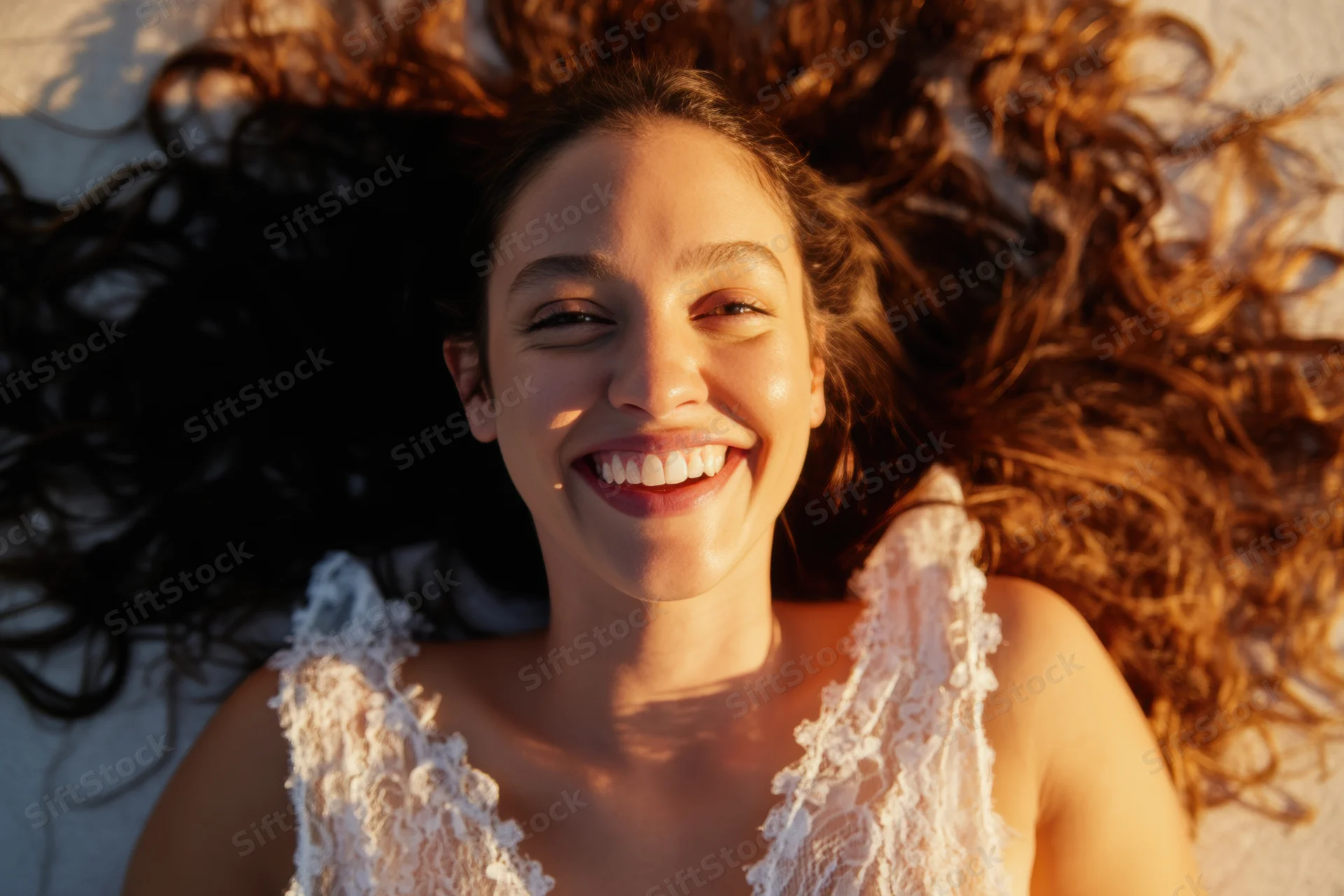 Young woman smiling while lying on a sunlit surface with curly hair spread around her