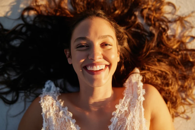 Young woman smiling while lying on a sunlit surface with curly hair spread around her