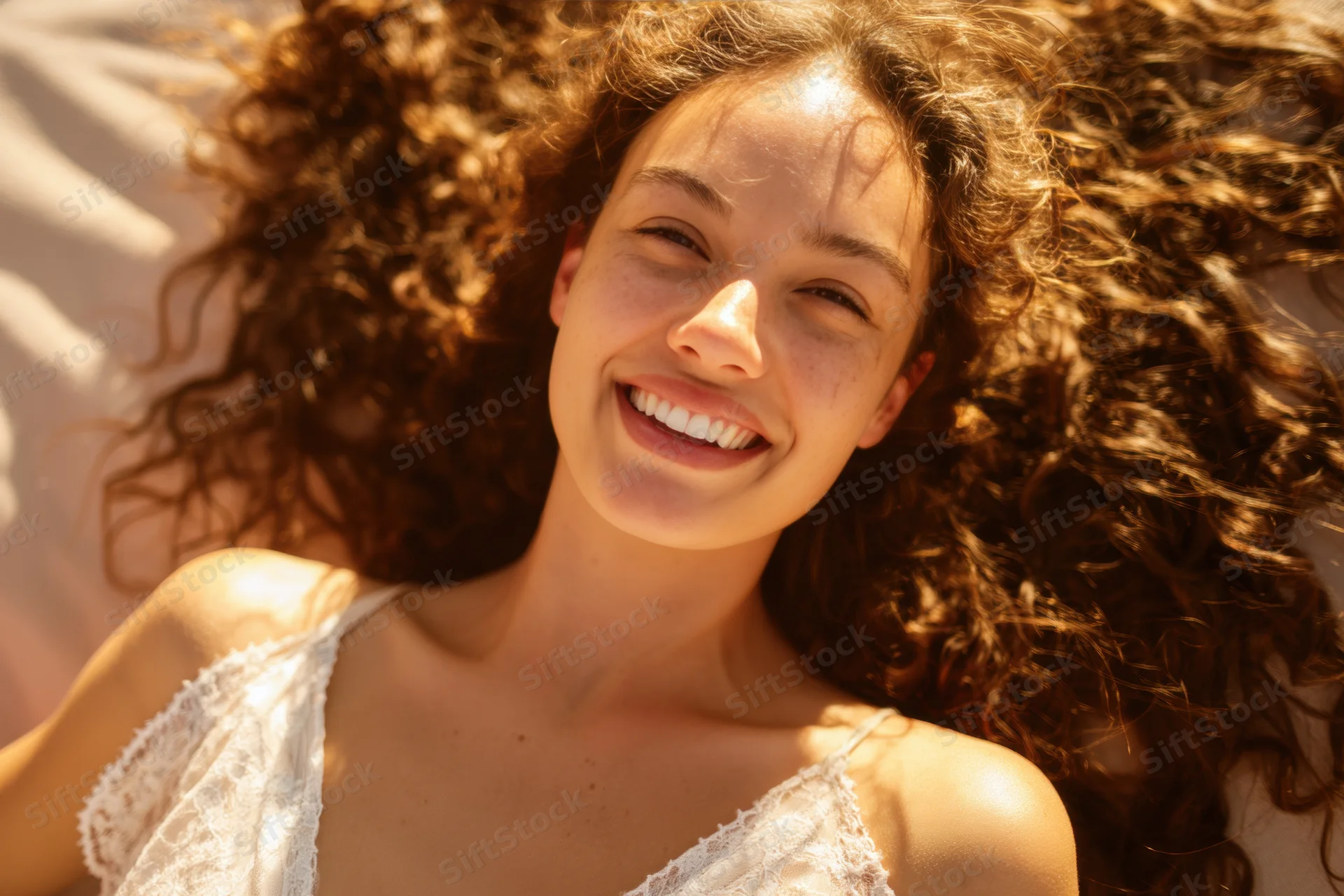 Young woman smiling while lying on a sunlit surface with curly hair flowing around her