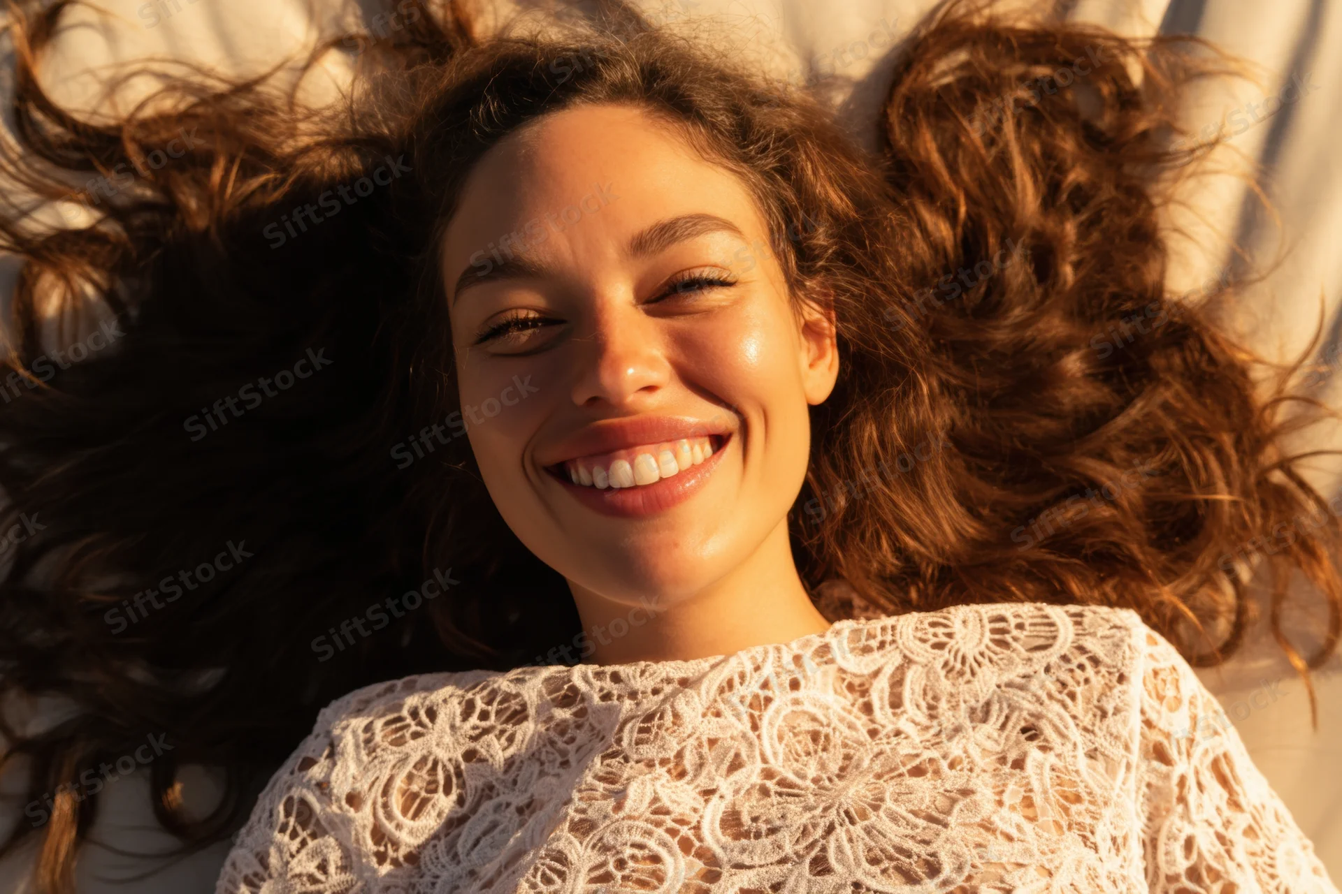 Young woman smiling with curly hair spread out while lying on a sunlit surface wearing a white lace top