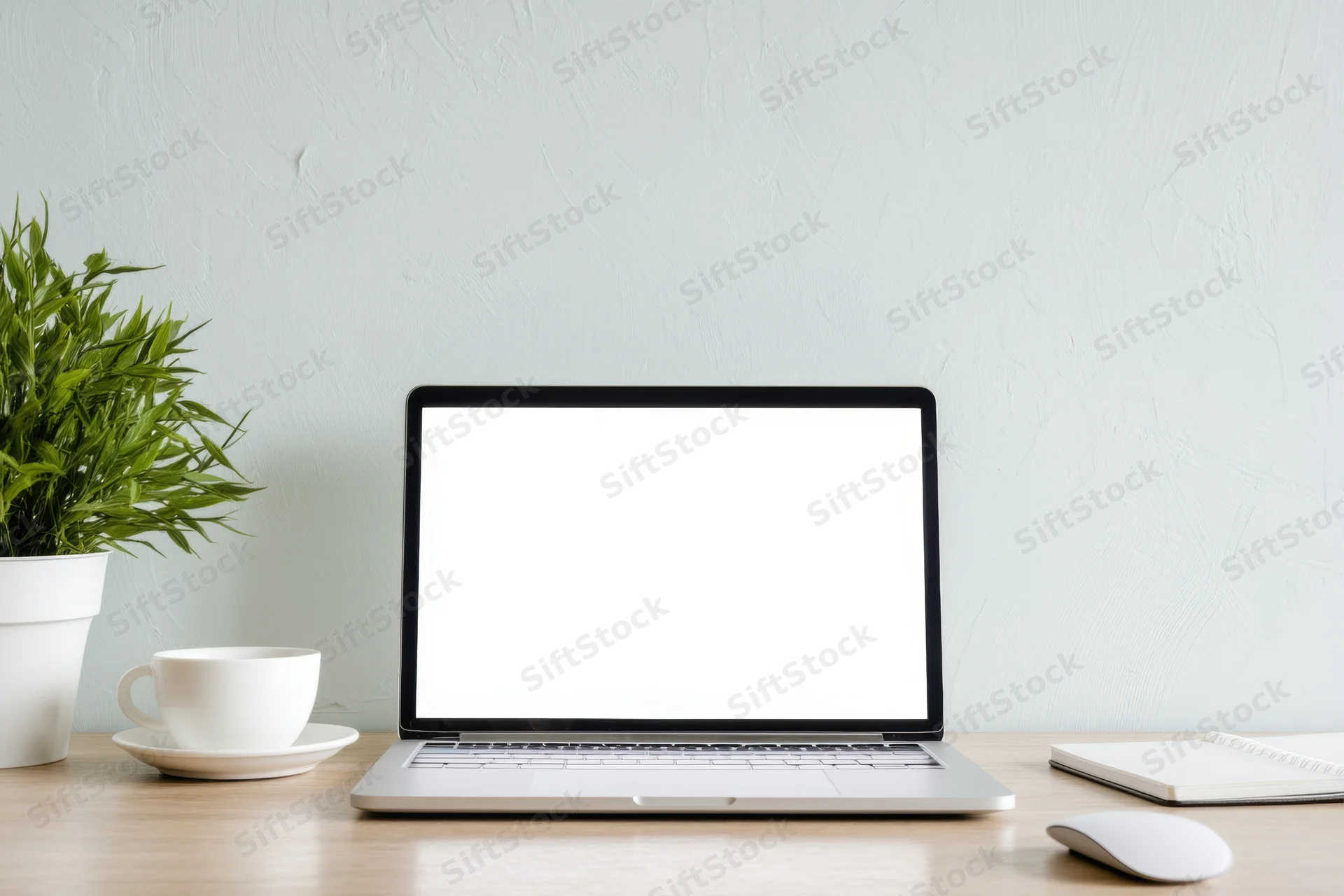 Open laptop with blank white screen on a minimalist desk beside a plant and coffee cup