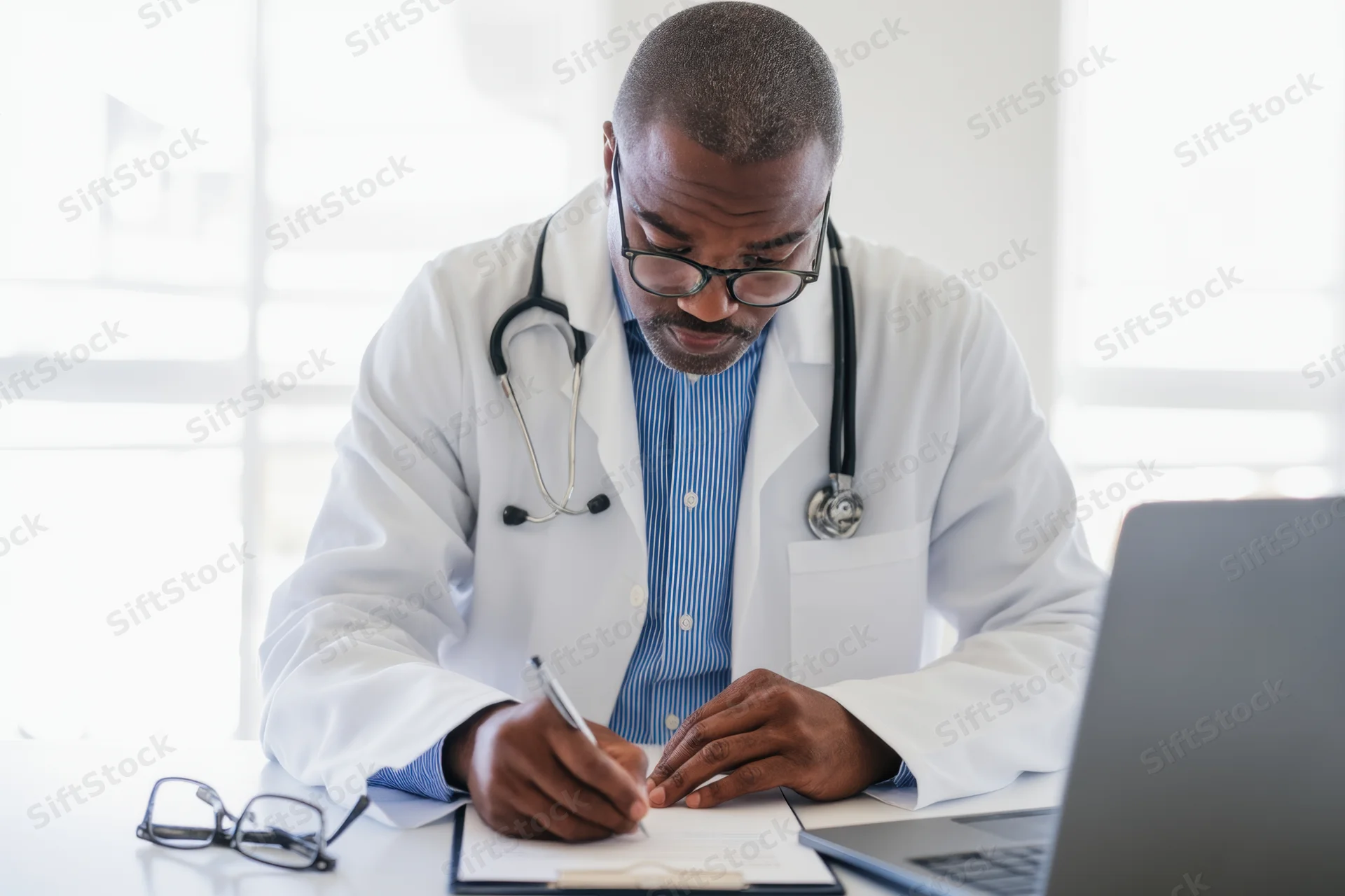 Doctor in white lab coat writing notes on clipboard at desk with laptop and stethoscope around neck