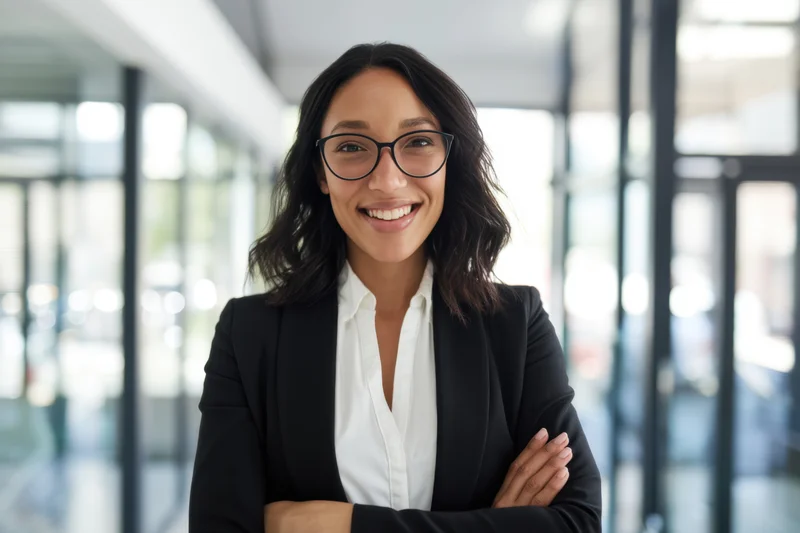 Confident businesswoman smiling with arms crossed in modern office corridor
