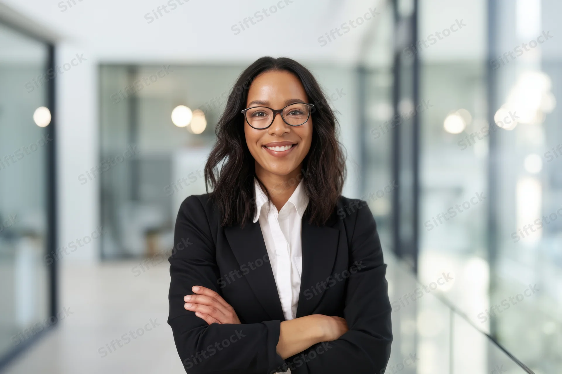 Confident businesswoman with arms crossed smiling in modern office hallway