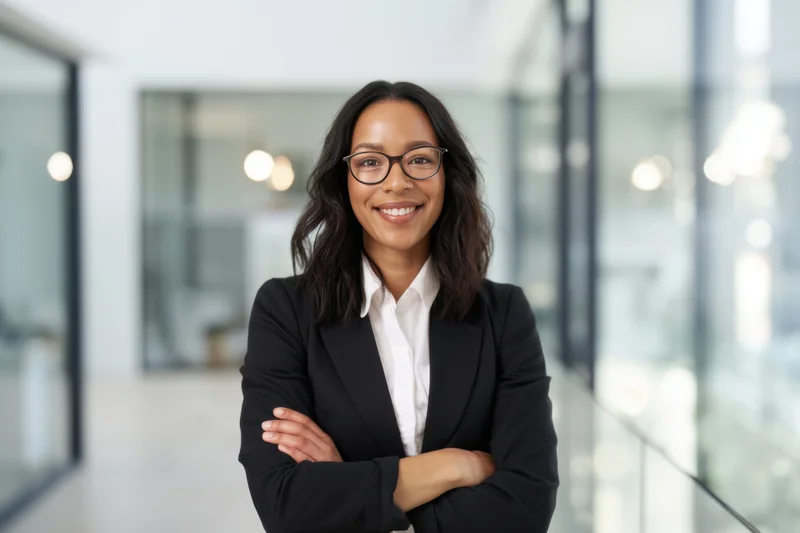 Confident businesswoman with arms crossed smiling in modern office hallway