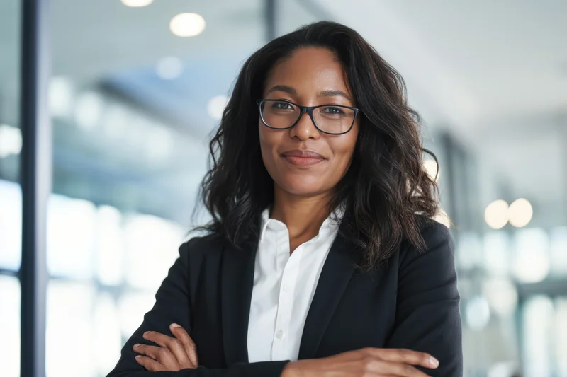 Confident businesswoman with arms crossed smiling in modern office interior