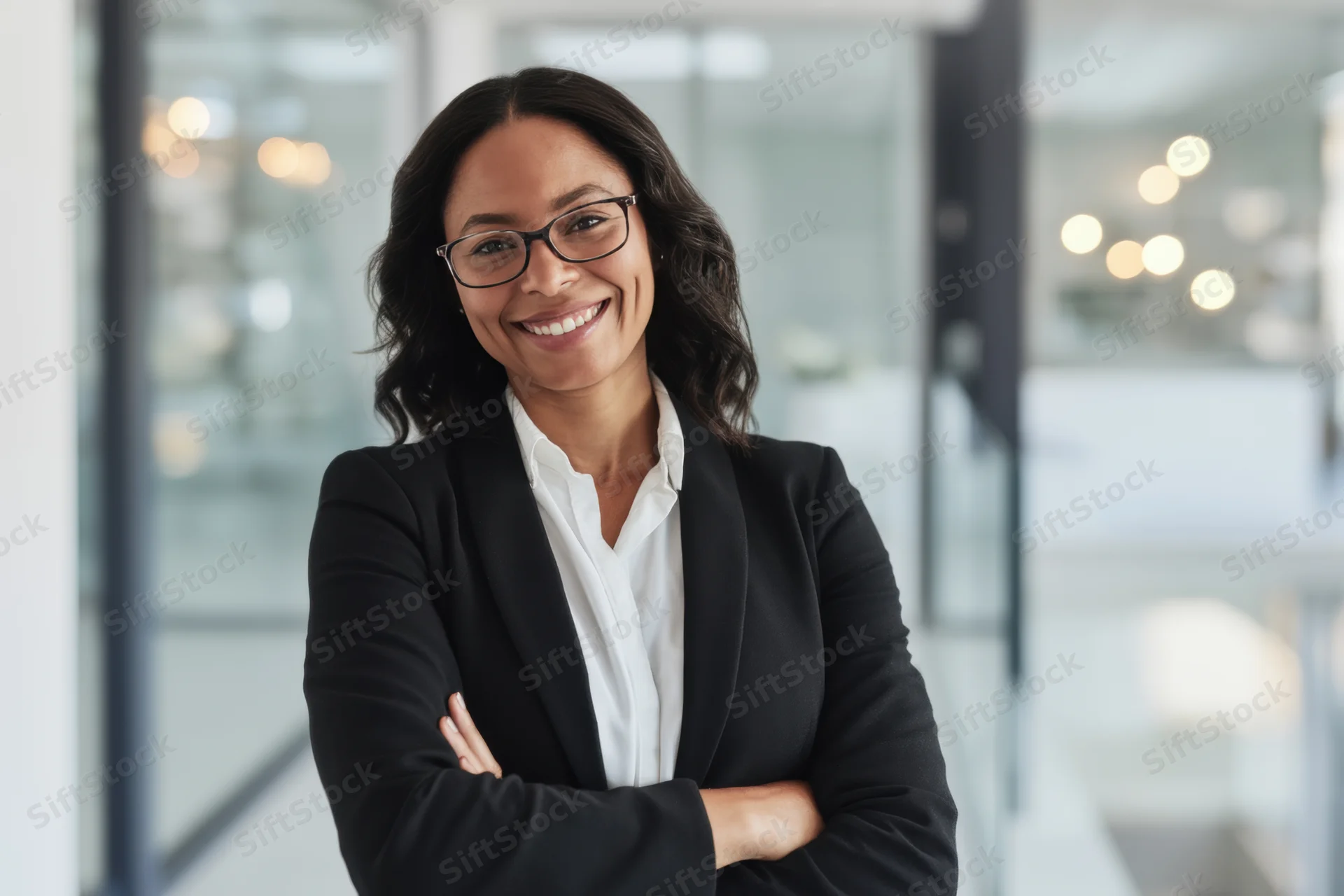 Confident businesswoman smiling with arms crossed in modern office interior