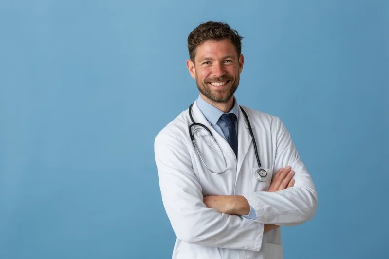 Male doctor in white lab coat with stethoscope, arms crossed, smiling against blue background