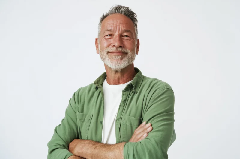 Confident middle-aged man with salt-and-pepper beard smiling with arms crossed in studio portrait