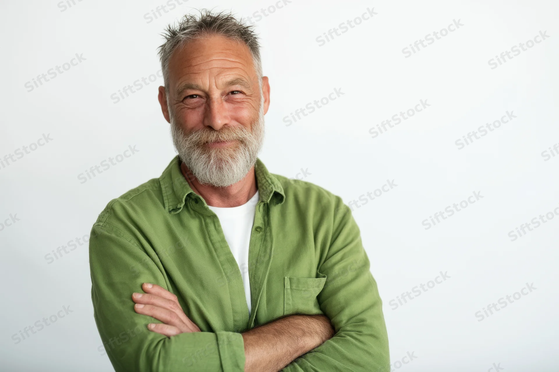 Middle-aged man with salt-and-pepper beard smiling with arms crossed in studio portrait