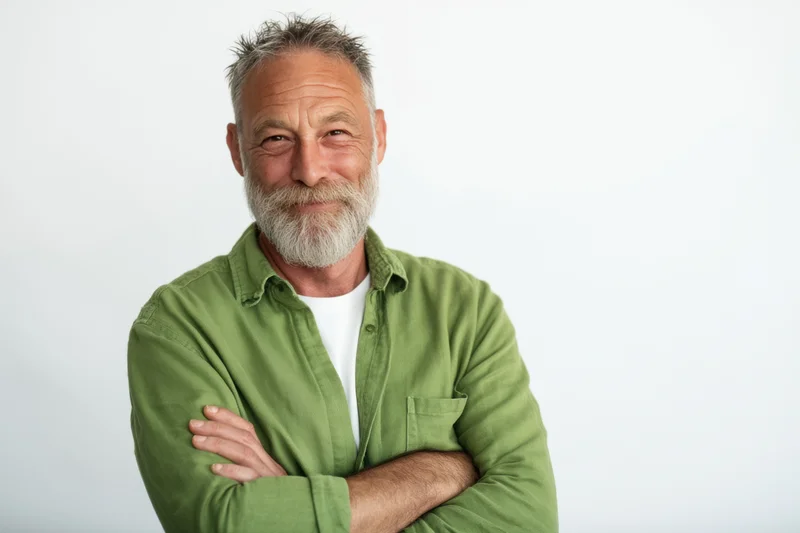 Middle-aged man with salt-and-pepper beard smiling with arms crossed in studio portrait