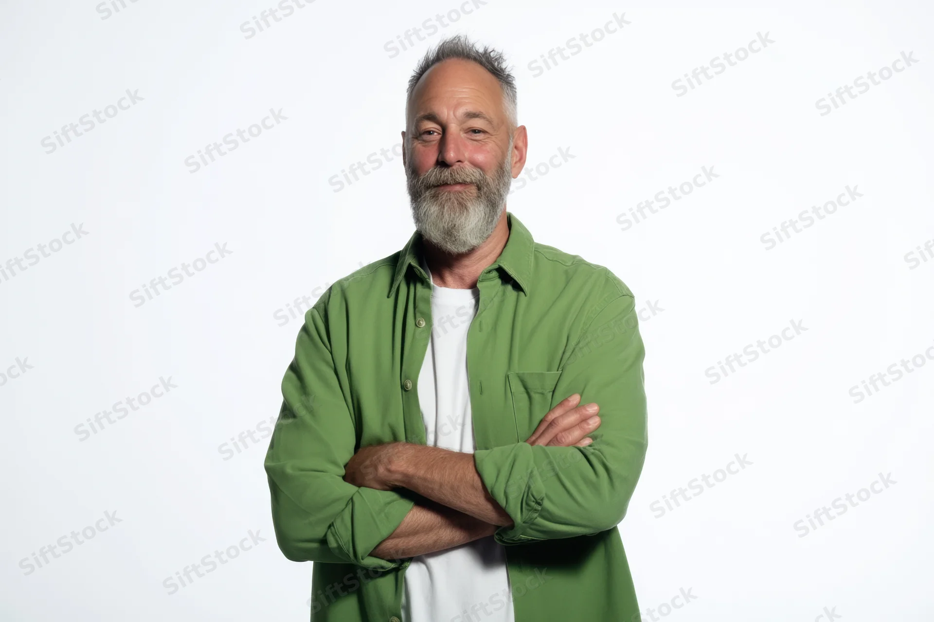 Middle-aged man with salt-and-pepper beard wearing green shirt, arms crossed, standing against white background