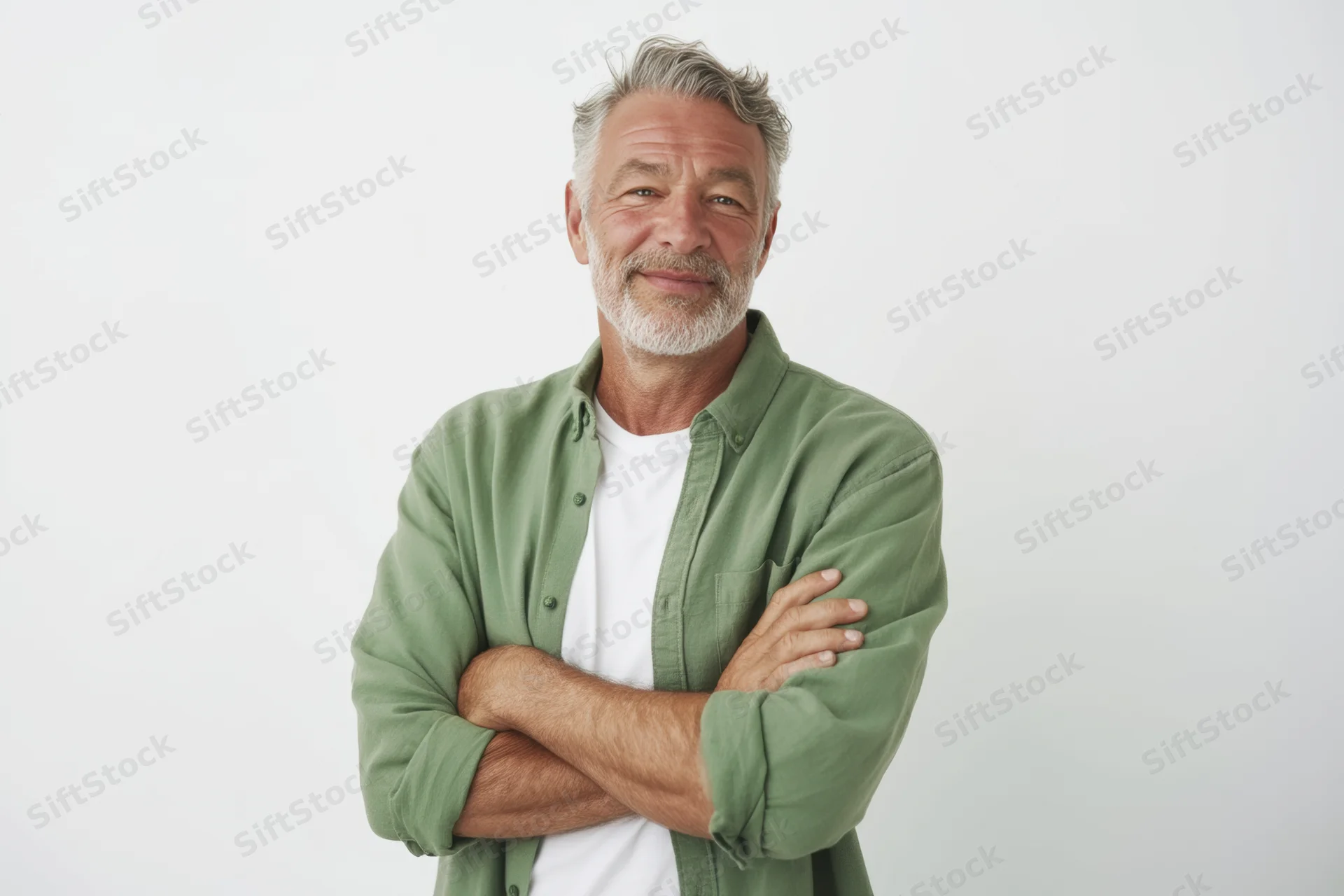 Confident middle-aged man with salt-and-pepper beard smiling with arms crossed in studio portrait